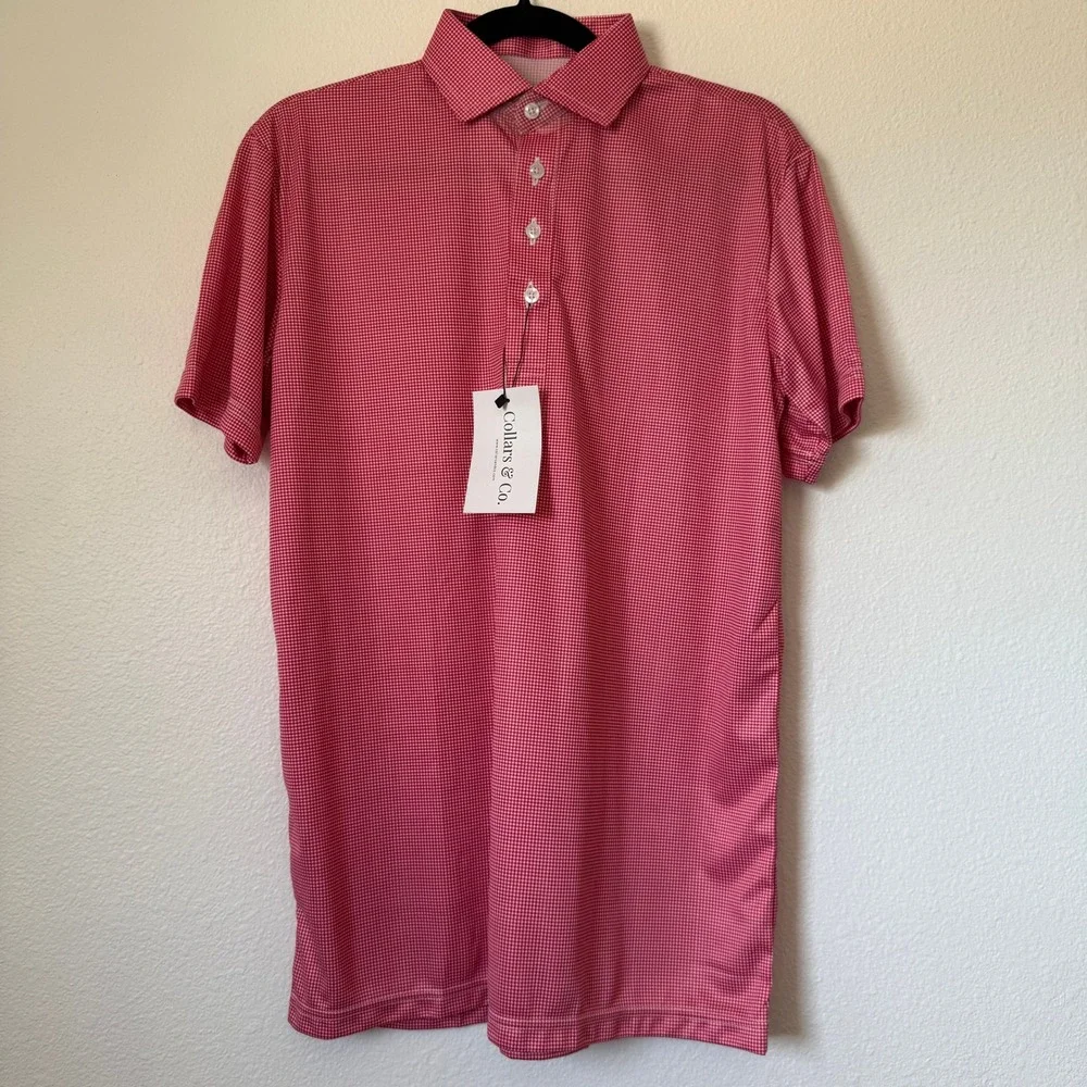Collars & Co Mens Dress Collar Polo Shirt Red White Houndstooth Small NWT NEW
